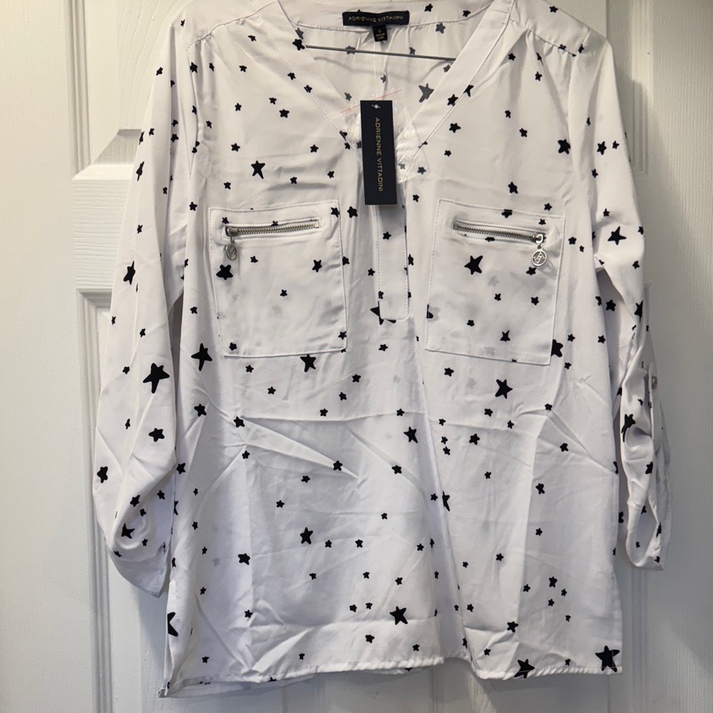 Adrienne Vittadini White Blouse with Black Star Print